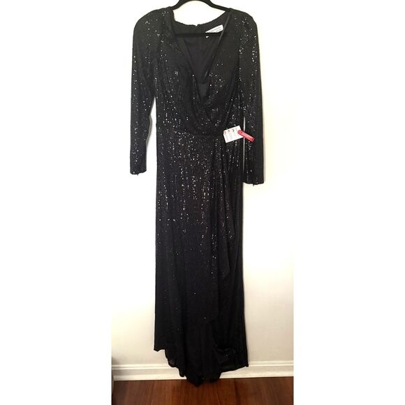 NWT Ieena for Mac Duggal Black Sequin Faux Wrap Long Sleeve Ruched Gown Sz 12 - Picture 2 of 10